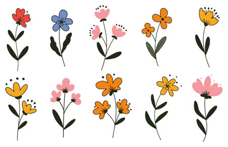 Set of spring colorful floral elements. Set of floral wild flowers, branches leaves, foliage on white background. Vector illustration.のイラスト素材