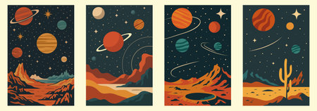 Vectical Vintage Colored Space Posters. Extraterrestrial Landscapes, Planets, Asteroids, Moon, Craters Space Illustration Set.のイラスト素材