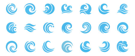 Set of blue waves and splashes of water, wavy nature symbols in motion vector illustrations.のイラスト素材