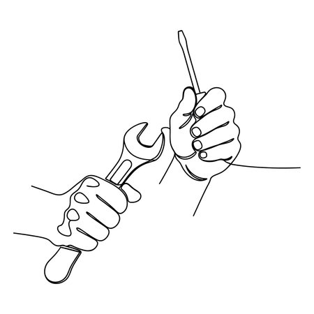 Drawing of a man holding a wrench. Mechanic and handyman tools concept. Continuous line vector illustrationのイラスト素材