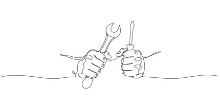 Drawing of man holding wrench and screwdriver. Editable line. Mechanic and handyman tools concept. Continuous line vector illustrationのイラスト素材