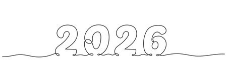 2026 New Year continuous one line drawing vector illustration. Editable stroke.
