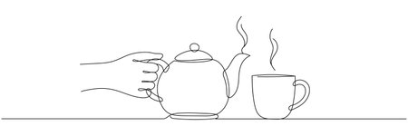 Continuous single line drawing of a teapot in a hand, a cup. Continuous line drawing, vector illustration. Editable line.のイラスト素材