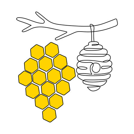 A drawing of a beehive and honeycomb done in one continuous line, editable line