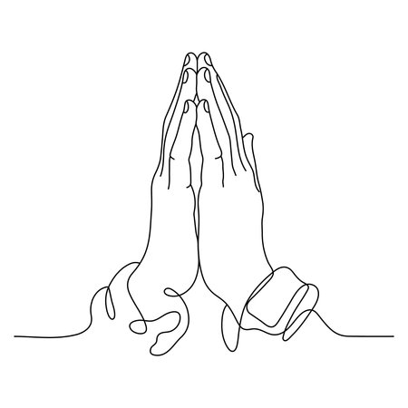 One Line Continuous Drawing of Raising Hands for Dua Pray. Islamic Traditional Prayer Gesture Line Art. Editable Strokeのイラスト素材