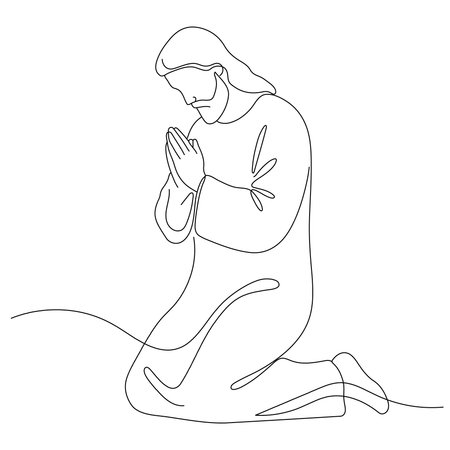 Jesus Christ praying, drawn with one continuous line. Christian symbol of Easter and Christmas in a simple line style. Editable stroke. Vector illustrationのイラスト素材