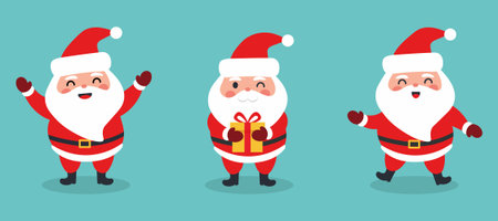 A set of cute Santa Claus characters in various poses, isolated on a blue background. Vector Christmas holiday illustration in flat cartoon style.のイラスト素材