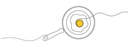 Continuous line Two fried eggs in a pan Cooking Minimal hand drawn line vector cut out background. Editable line.のイラスト素材