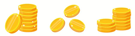Set of gold coins stacked in cartoon style isolated on whiteのイラスト素材