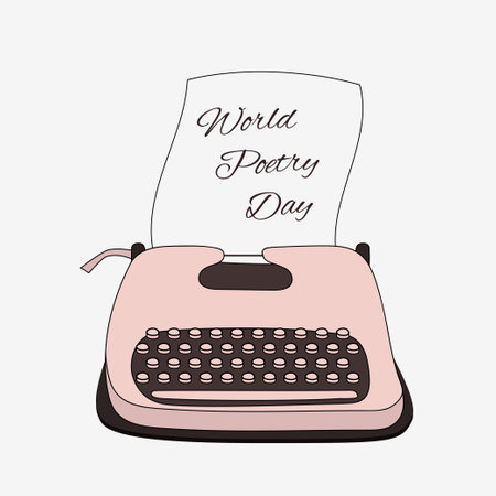 World Poetry Day. Vintage handwritten typewriter in doodle style with paper. Vectorのイラスト素材