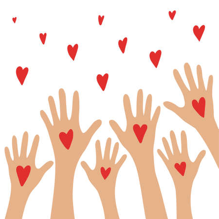Hands up with hearts. Charity and donation concept. I share my love. Hands holding a heart symbol. Flat style vector illustration.のイラスト素材