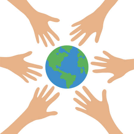 Planet Earth. Circle from different hands. Earth Day concept. Protection, help. Flat vector illustrationのイラスト素材