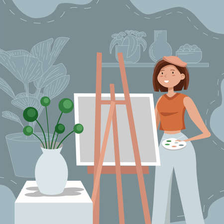 Female artist standing in front of the easel with linear iconic blue background drawing a vase still life. Good for flat design video, web or advertisment in social media.のイラスト素材