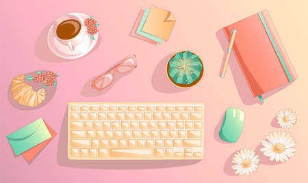 Comfortable and cozy workplace of designer, manager, or IT consultant for remote work. Suitable for presentation, advirtisment, background, game. Contains a cup of coffee, cactus, mouse, diary, notes.のイラスト素材