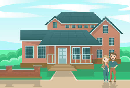 Young family in front of the house. Husband and wife are happy.のイラスト素材