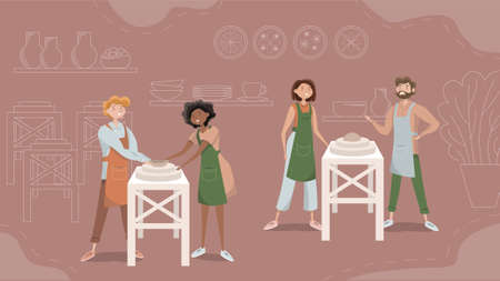 Four characters attending pottery workshop together. Perfect for flat cartoon video, web design,...