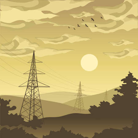 Industrial dawn landscape in  mountain area in yellow and brown palette. Birds, electricity network, trees, hills shilhouettes. Romantic calm evening in a small town.のイラスト素材
