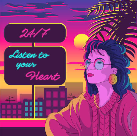 Woman from 80s or early 90s wearing glasses is sitting on the balcony and thinking about her love....