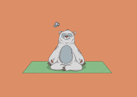 Cute bear (looking a bit like  a sloth) doing yoga. Butterfly highlights the balance and garmony. Environment friendly.  Good for advertisment of online yoga classes, visit card, video, cartoon, ad.のイラスト素材