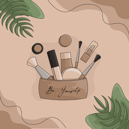 Face cosmetics set: powder, tone cream, brush, lip gloss, eyeshadowsのイラスト素材