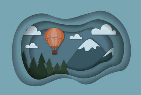 Flat paper cut hot air baloon in mountains.のイラスト素材