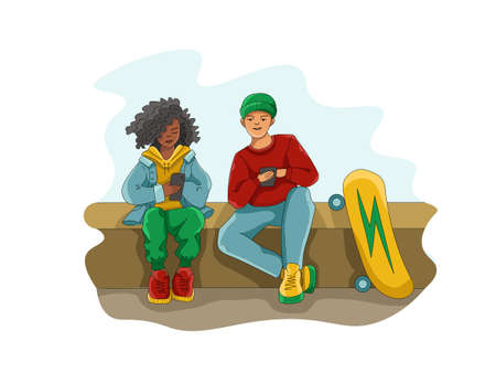 Teenage boy and girl sitting and surfing the Net. Cartoon comics style with blach solid outline.のイラスト素材