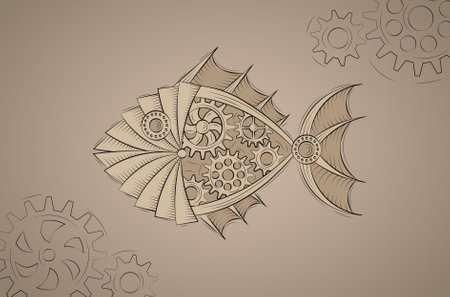 Mechanic steampunk fish with gears inside. Alive biomechanism. Flat with black solid outline.のイラスト素材