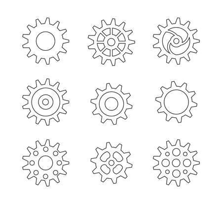 Various different mechanic gears set. Flat, isolated, black solid outline. For clockwork mechanism.のイラスト素材