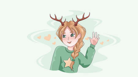 Cute anime girl says Hi! Wearing deer horn and cute sweater with a star.のイラスト素材