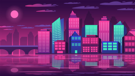 Night in a big city reflects in the river. Neon light of late 80s or early 90s.のイラスト素材