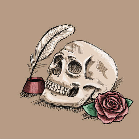 Hand drawn poet skull with a feather tattoo sketch. Black ink outline with white bleacks. Romantic poetry mood.のイラスト素材