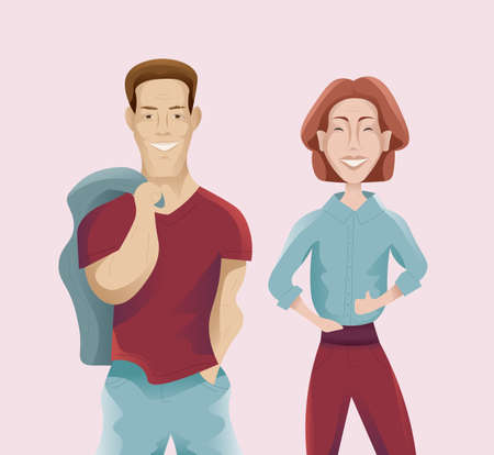 Two smiling characters: man and woman. American shot. Purple and blue colors. Thumb up.のイラスト素材