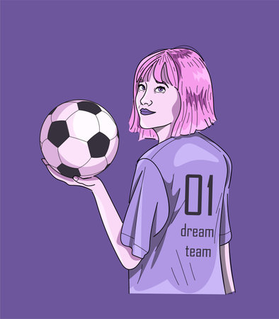 Soccer player. Girl with a football. Pop art, comics, cartoon style, black outline.のイラスト素材