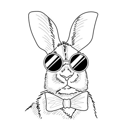 Hand drawn rabbit sketch. Bunny wearing suglasses and bow ties. Cute and serious. Tattoo sketch, print or sticker.のイラスト素材