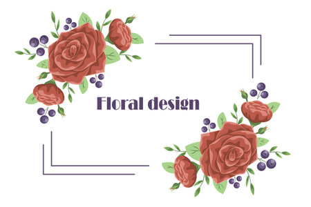 Floral design for a card. Invitation, postcard with flowers. Roses and buds in the corners.のイラスト素材