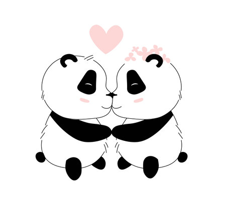 Cute happy kawaii kissing pandas. postcard, invitation. Romantic, heart shaped.のイラスト素材