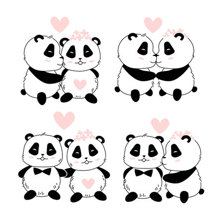 Cute kawaii cartoon kissing pandas. postcard, invitation. Romantic, heart shaped.のイラスト素材