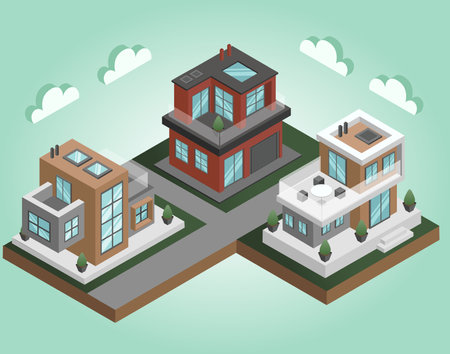 isometric street with modern buildingsのイラスト素材