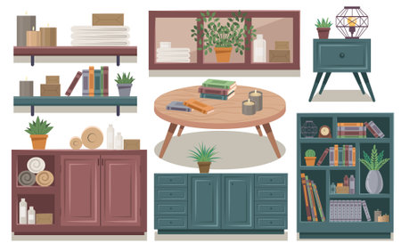 book shelf collection bookcase table room interior decorのイラスト素材