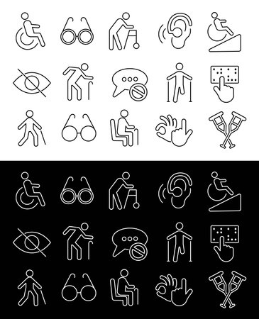 Minimal linear vector icons representing accessibility and inclusion â wheelchair, hearing aid, guide dog, and walking cane symbols designed with clean simple lines. Modern outline style promoting universal design, equality, and barrier-free communication.のイラスト素材