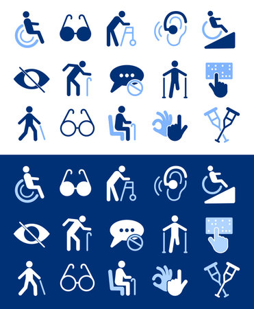 Minimalist vector composition showing accessibility icons â wheelchair, guide dog, hearing aid, walking cane. Concept of inclusive design, equality, and accessibility for everyone.のイラスト素材
