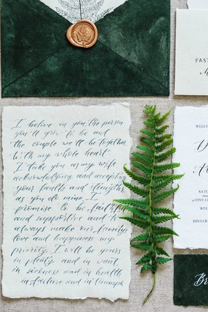 Beautiful calligraphy wedding attributes in pastel colors. Invitation, envelopeの写真素材