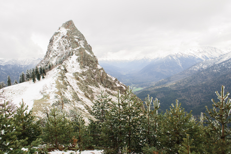 Mountains in the Caucasus Russia, the top in the snow, pine forestの写真素材