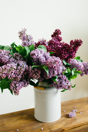 Beautiful purple bouquet of lilac flowers in a stylish vase on a white backgroundの写真素材