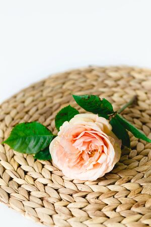 Coloful roses in vase on a nature wicker napkin on white backgroundの写真素材