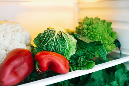 harvest of fresh healthy vegetables on the refrigerator shelfの写真素材