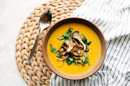 a plate of hot homemade pumpkin-coconut cream soup with fried mushrooms and fresh herbs. High quality photoの写真素材