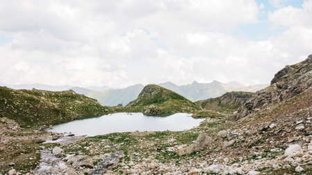 Landscape with a large blue mountain lake in the Caucasus Mountains. lake view. drone aerial. high quality photoの写真素材