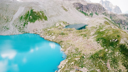 Landscape with a large blue mountain lake in the Caucasus Mountains. lake view. drone aerial. high quality photoの写真素材