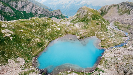 Landscape with a large blue mountain lake in the Caucasus Mountains. lake view. drone aerial. high quality photoの写真素材